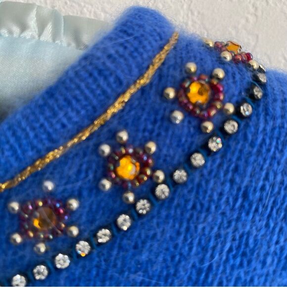 Marco Pecci Sweater Vtg 1980s Blue Angora & Wool Jeweled Beaded Pullover Sz 40 - Picture 5 of 11